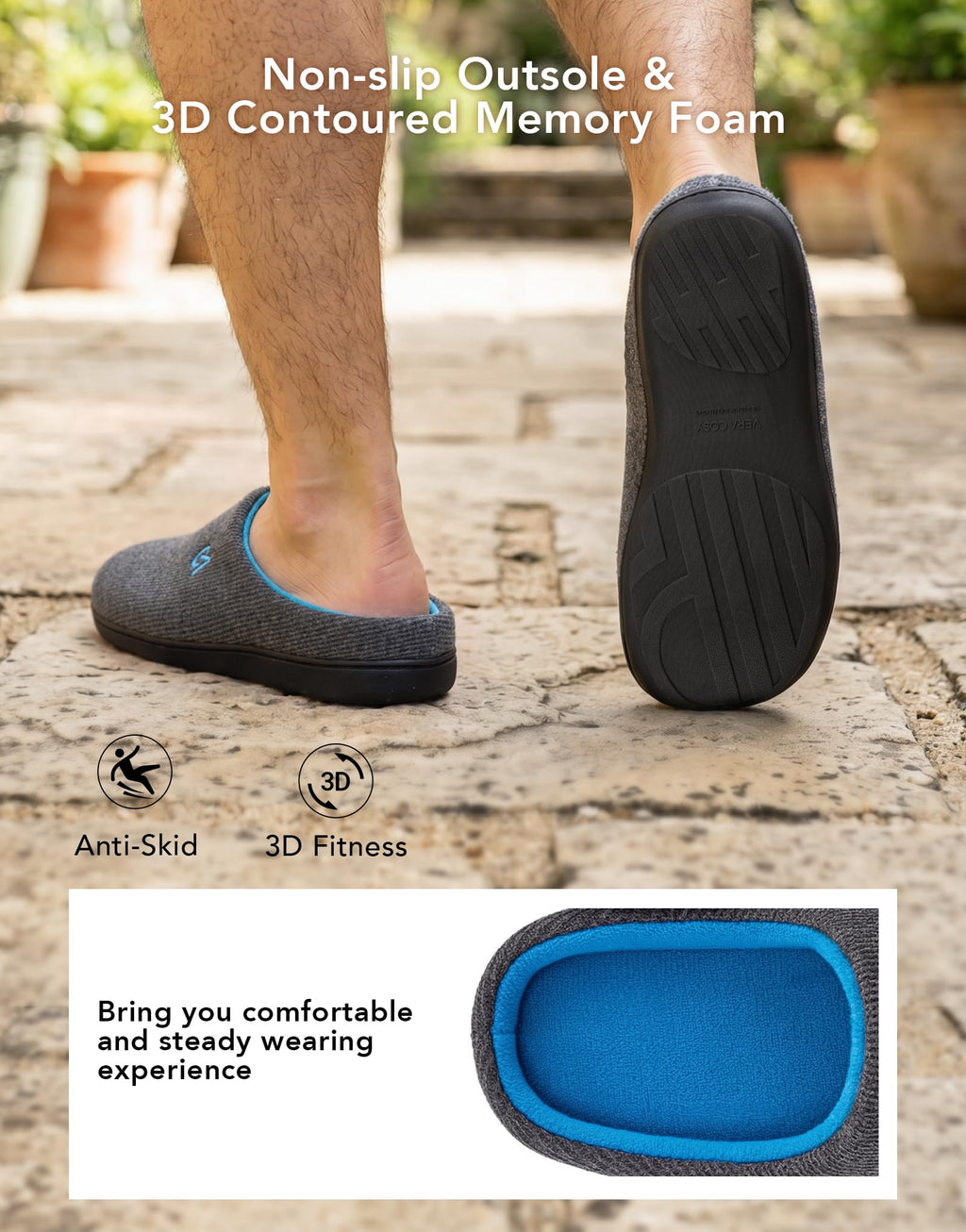 VeraCosy Mens Memory Foam Slippers Indoor Outdoor Rubber Sole (Dark Gray/Blue,
