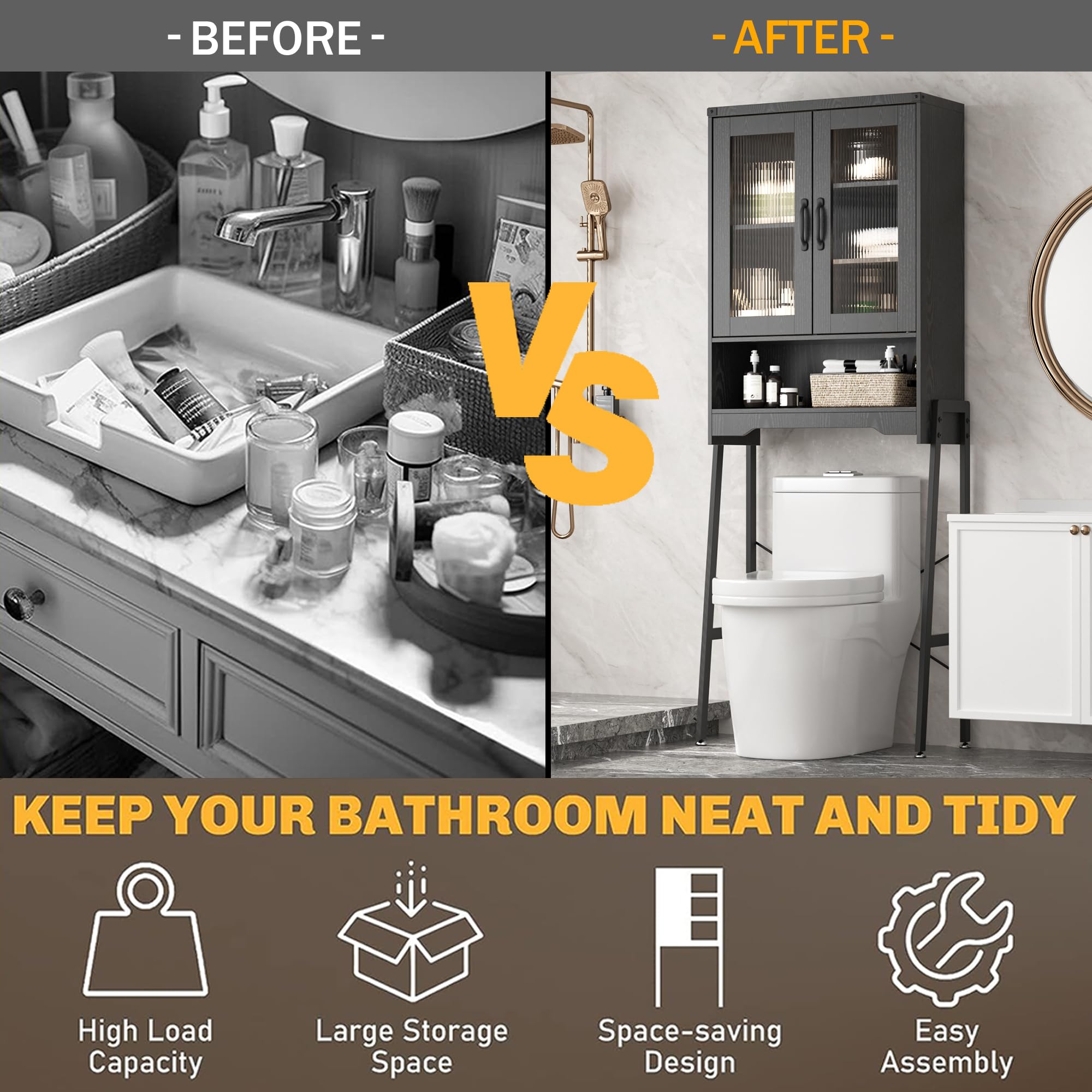 Over The Toilet Storage Cabinet with Tempered Glass Doors & Adjustable Shelf,