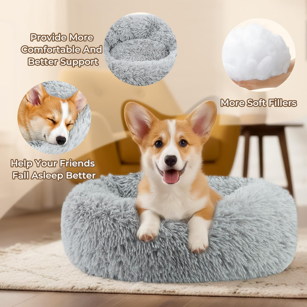 Calming Donut Dog and Cat Bed for Indoor Cats, Anti-Anxiety Round Fluffy Soft