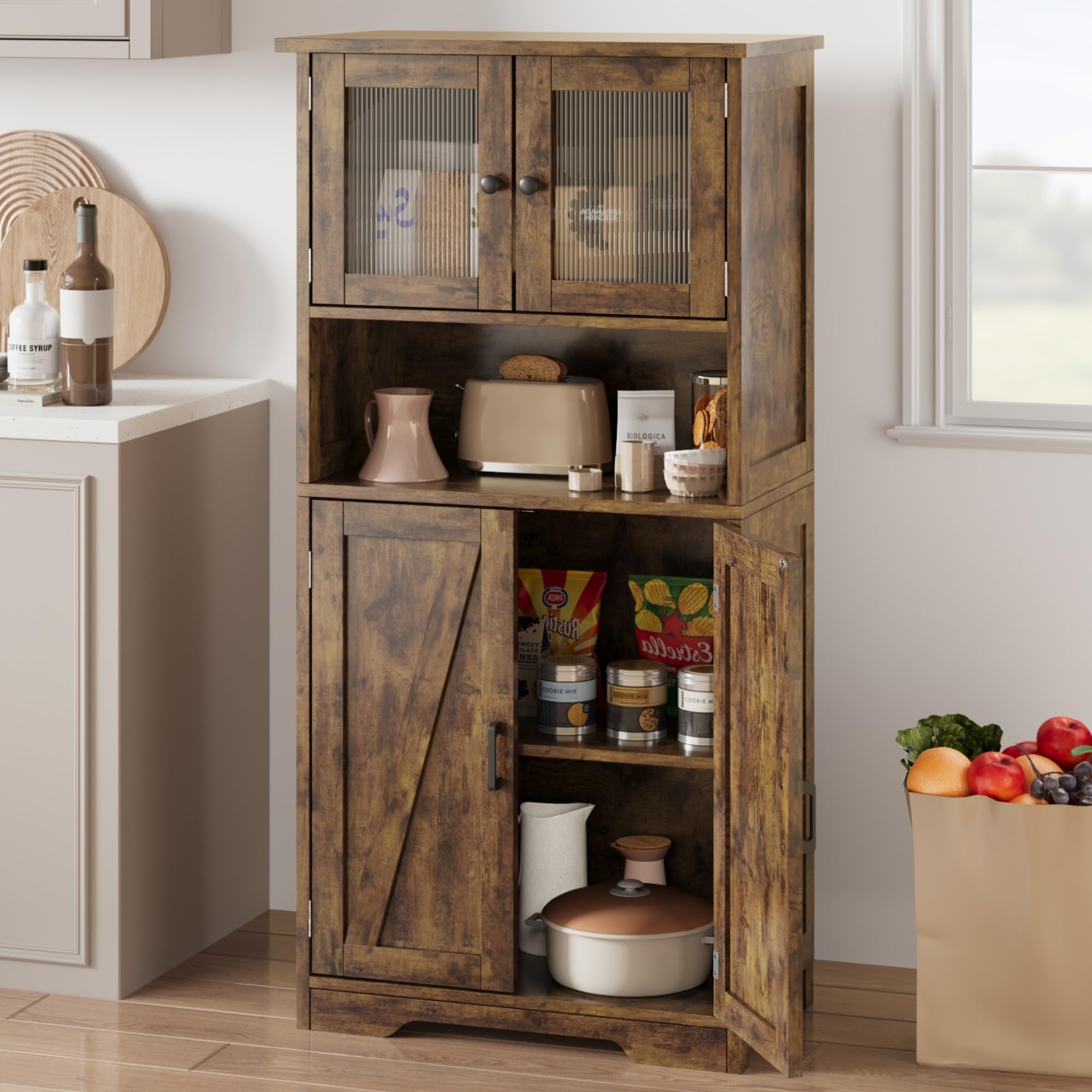 GarveeHome 54 in Tall Bathroom Cabinet, Farmhouse Storage Cabinet with Glass
