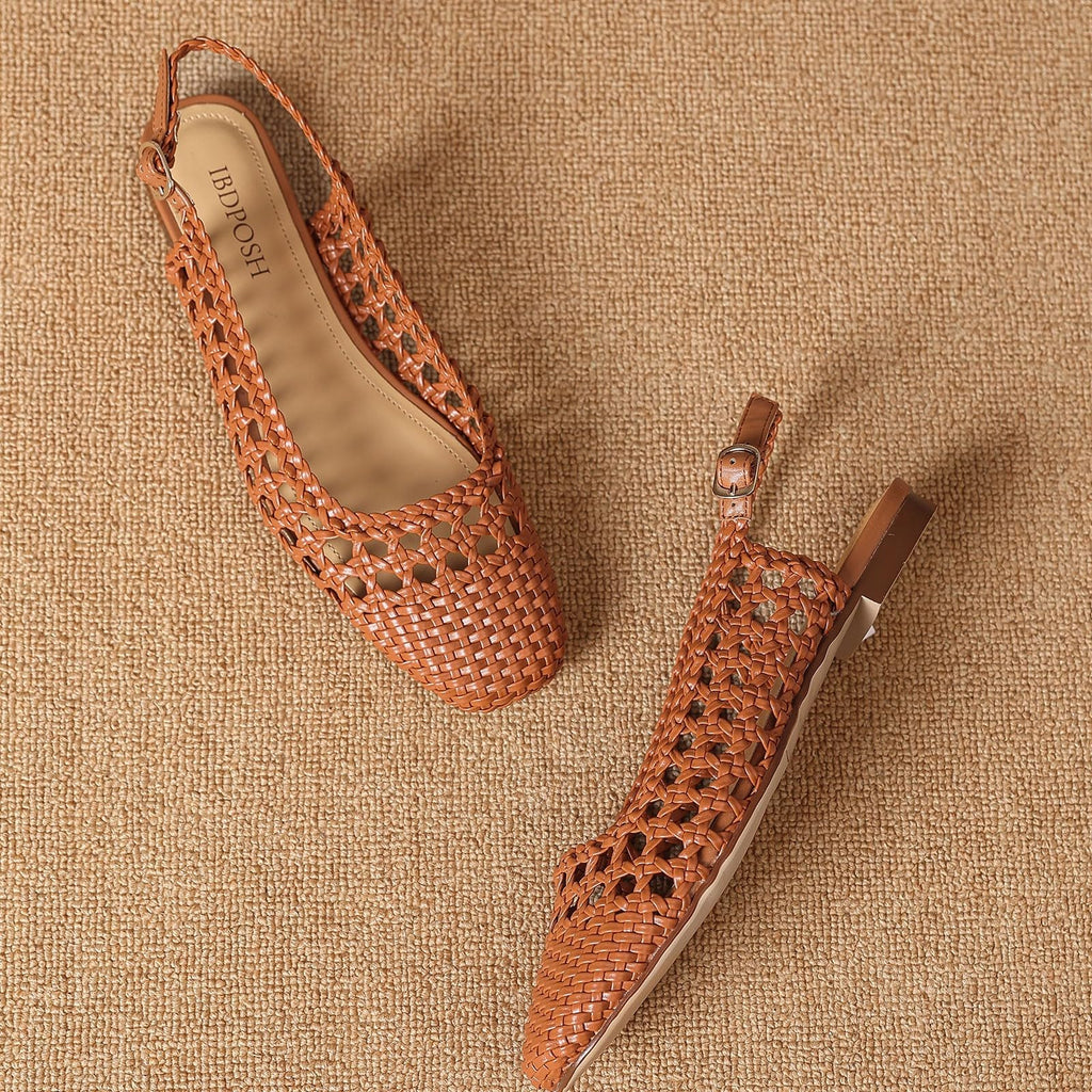 IBDPOSH Silver Woven Slingback Flats for Women Square Toe Braided Sandals Comfortable Dressy Summer Shoes for Office and Travel Size 8.5