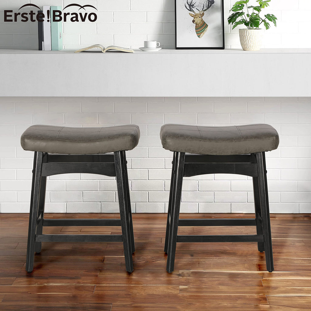 Erste!Bravo Grey Solid Wood Bar Stools Set of 2 for Kitchen Counter Height