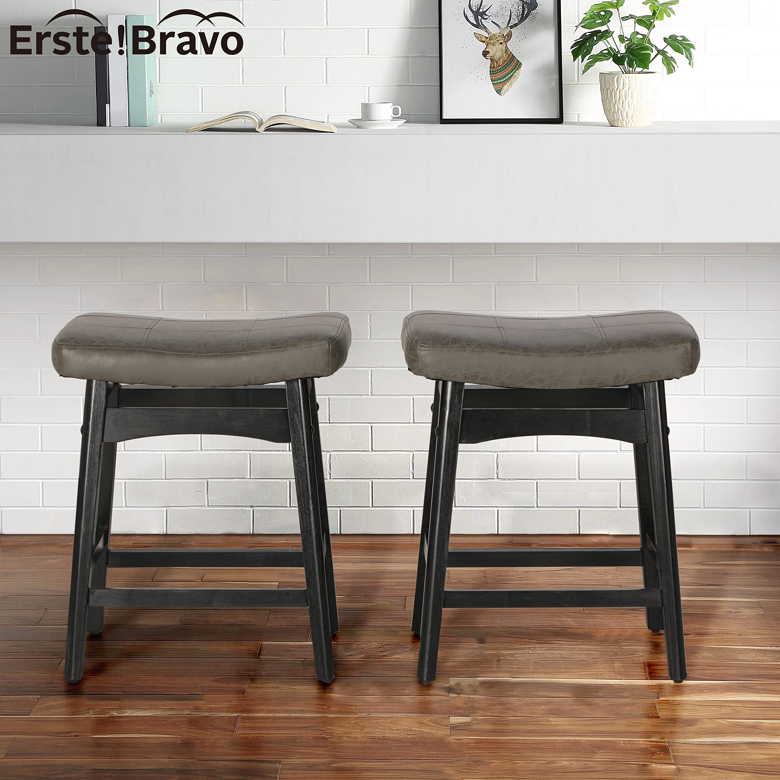 Erste!Bravo Grey Solid Wood Bar Stools Set of 2 for Kitchen Counter Height
