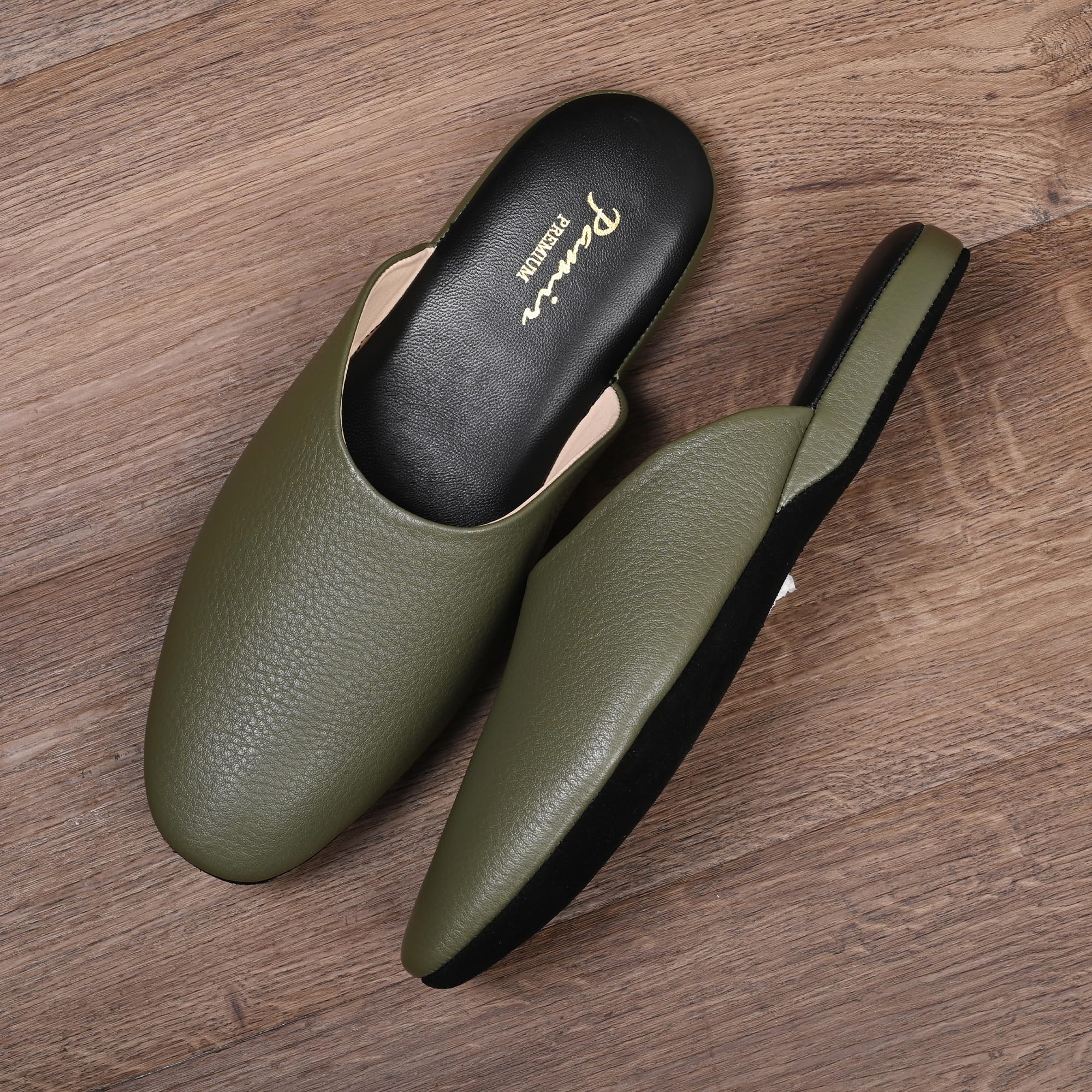 PAMIR Women's Genuine Full-Grain Leather Scuff Slippers, Avocado, US 7 M