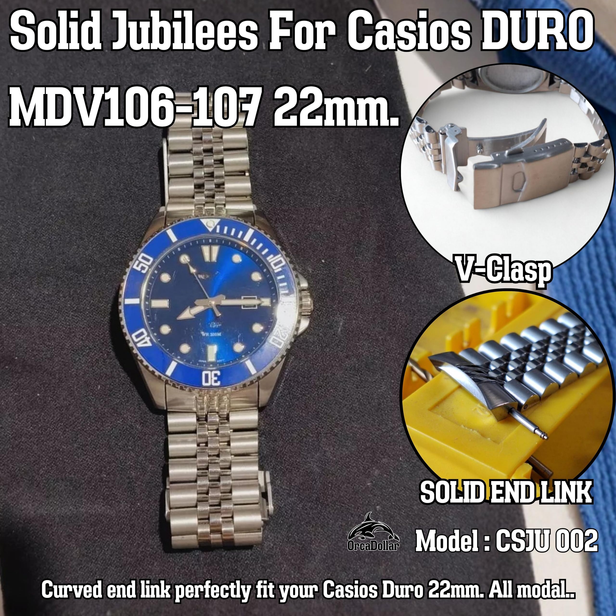 CSJU002 Solid jubilee Stainless Steel Watch Band for Casio Duro MDV106 / MDV107