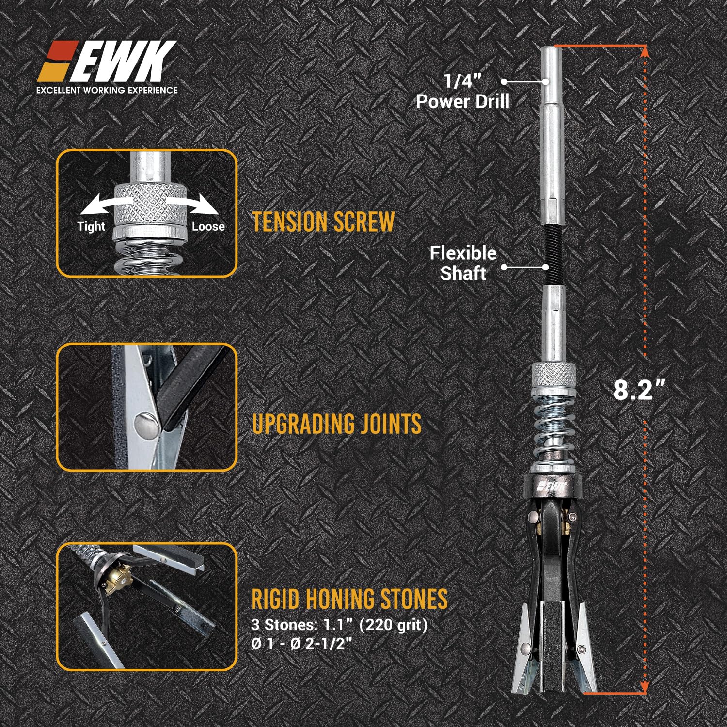 EWK Engine Cylinder Hone Tool 1-2.5 inch 3 Stone Adjustable Deglazer 220 Grit