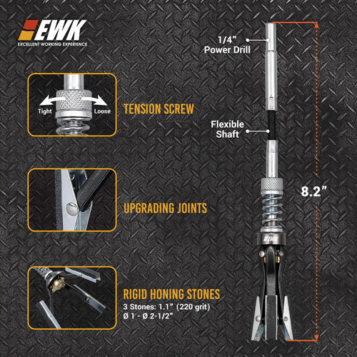 EWK Engine Cylinder Hone Tool 1-2.5 inch 3 Stone Adjustable Deglazer 220 Grit