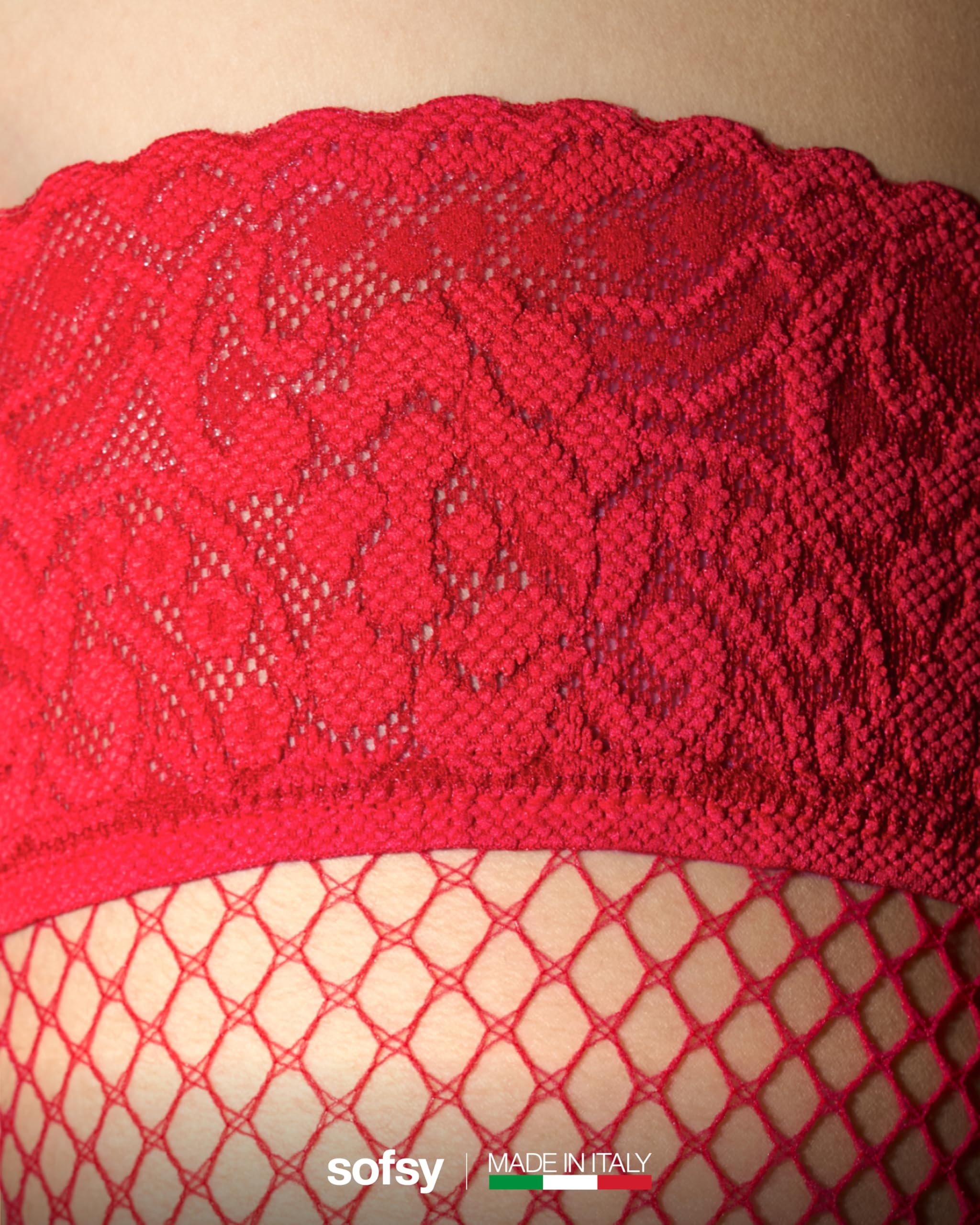 sofsy Italian Secure-Fit Plus Size Red Fishnet Stockings for Women | Folral Lace