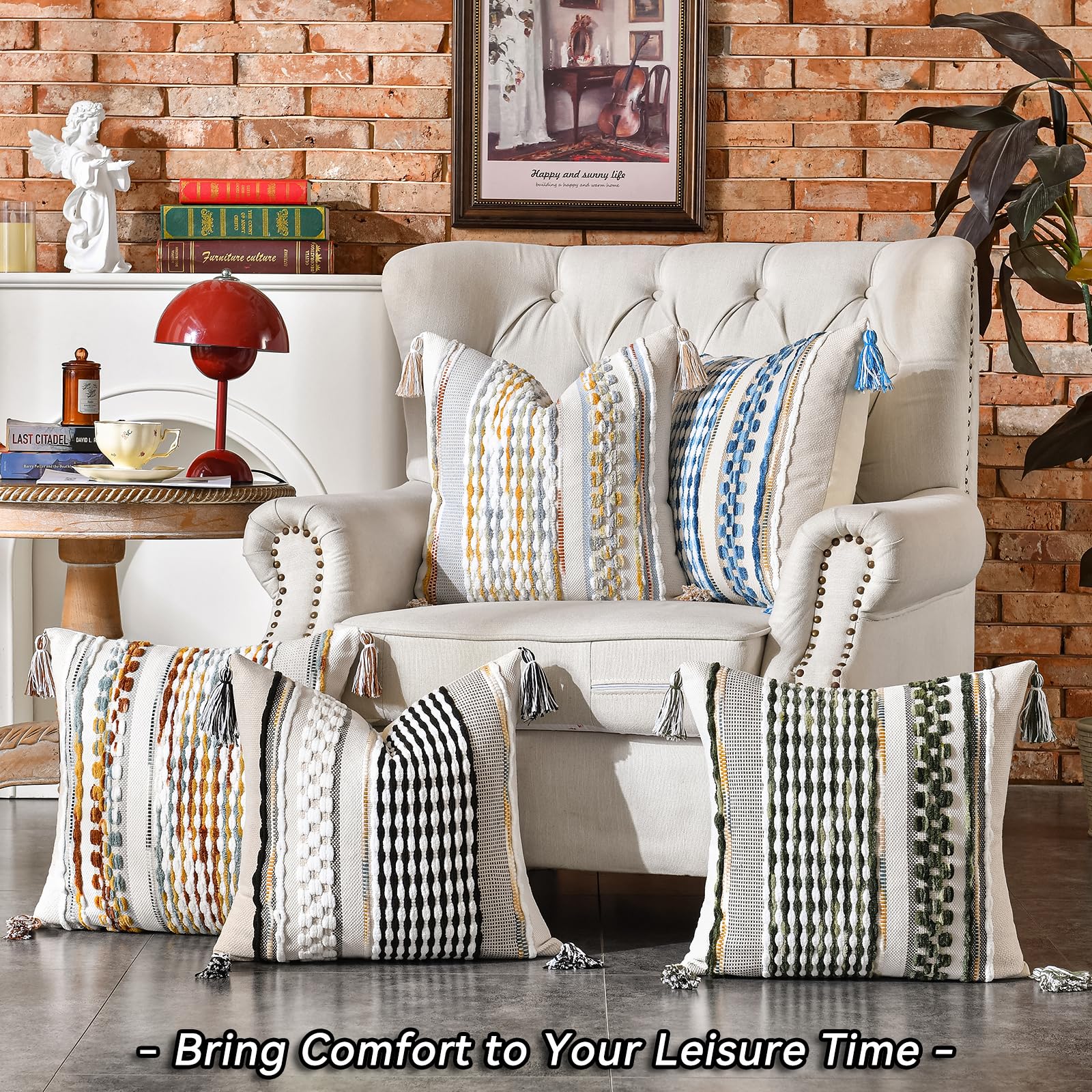 AmHoo Set of 2 Chenille Striped Textured Boho Throw Pillow Covers Aesthetic with