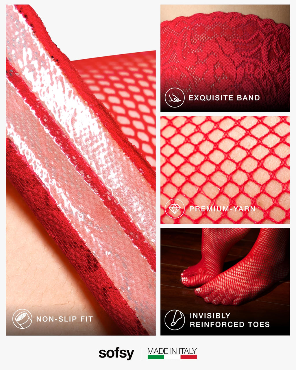 sofsy Italian Secure-Fit Plus Size Red Fishnet Stockings for Women | Folral Lace
