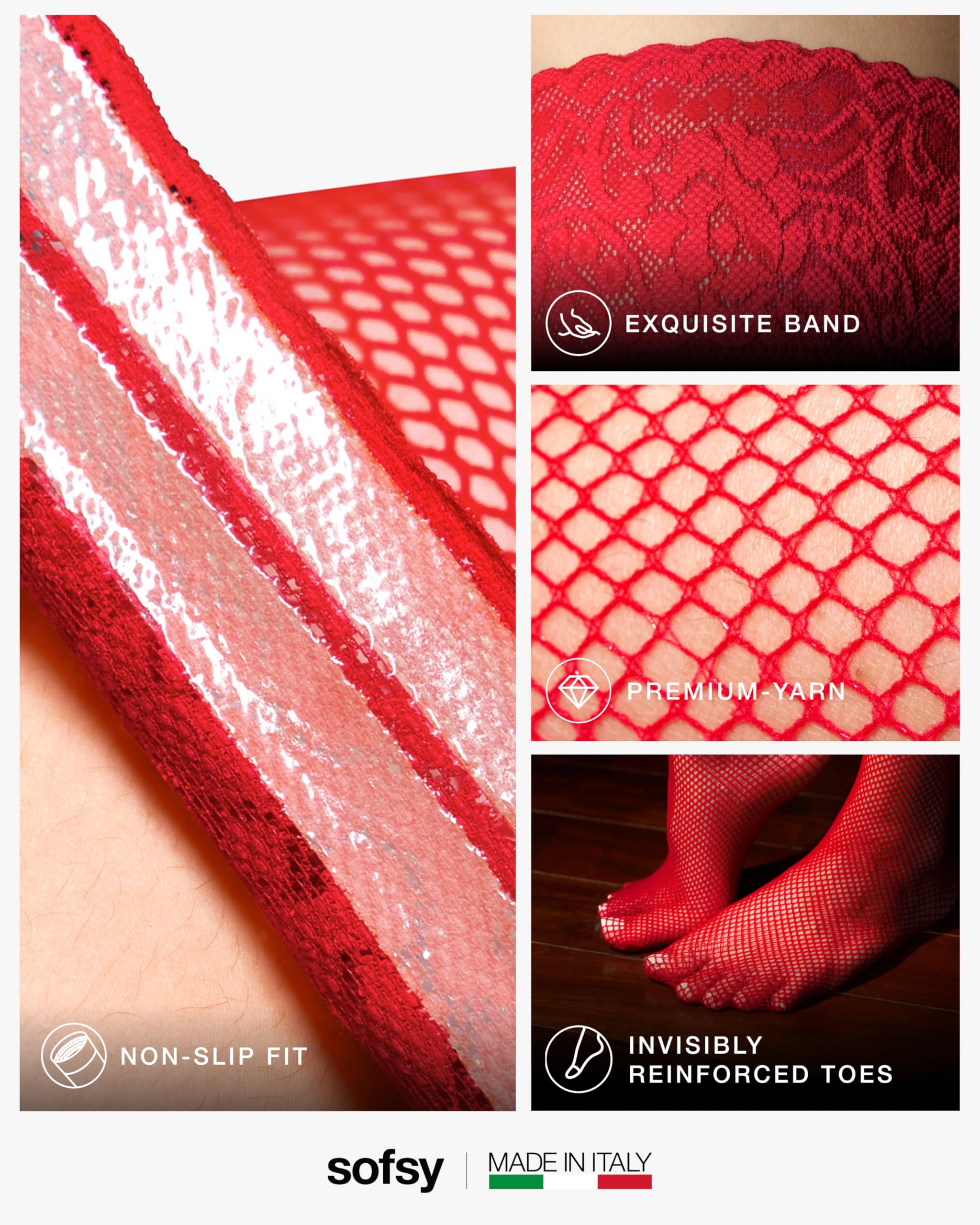 sofsy Italian Secure-Fit Plus Size Red Fishnet Stockings for Women | Folral Lace