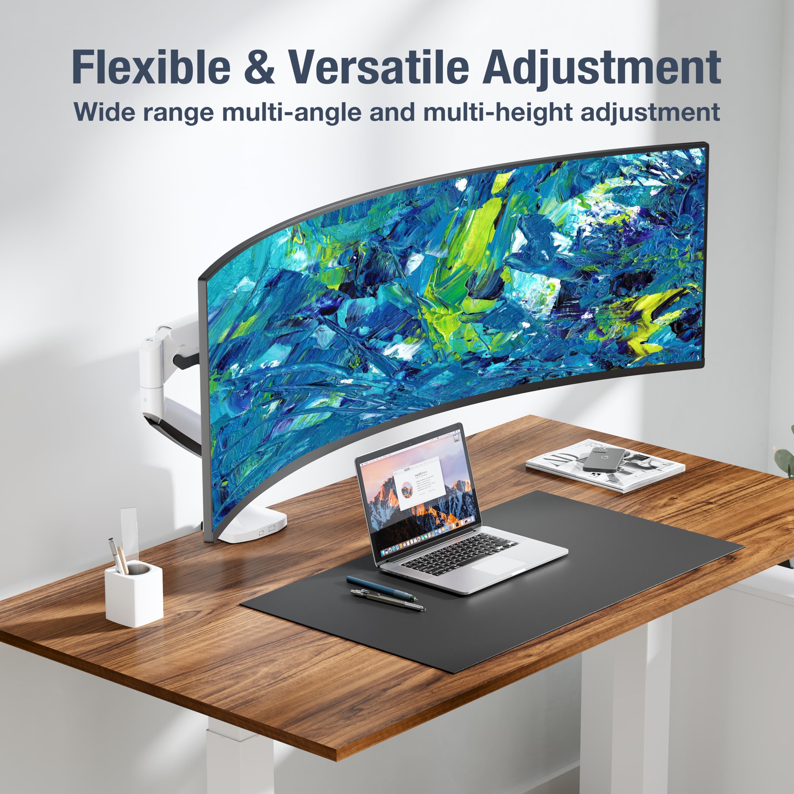 AVLT Single 17"-45" Monitor Arm Desk Mount Premium Mechanical Spring fits One Flat/Curved/Ultrawide Monitor Full Motion Height Swivel Tilt Rotation Adjustable, White