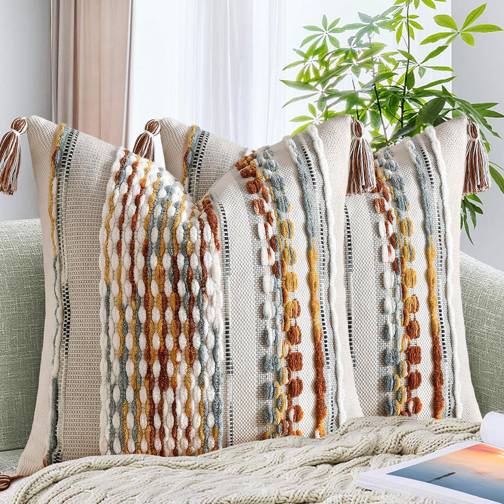 AmHoo Set of 2 Chenille Striped Textured Boho Throw Pillow Covers Aesthetic with