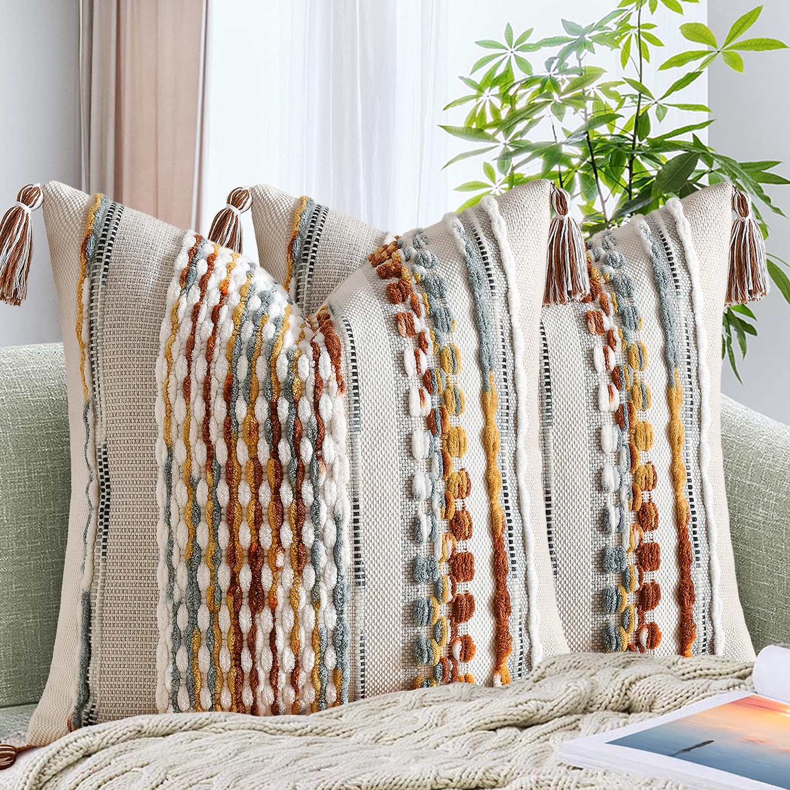 AmHoo Set of 2 Chenille Striped Textured Boho Throw Pillow Covers Aesthetic with