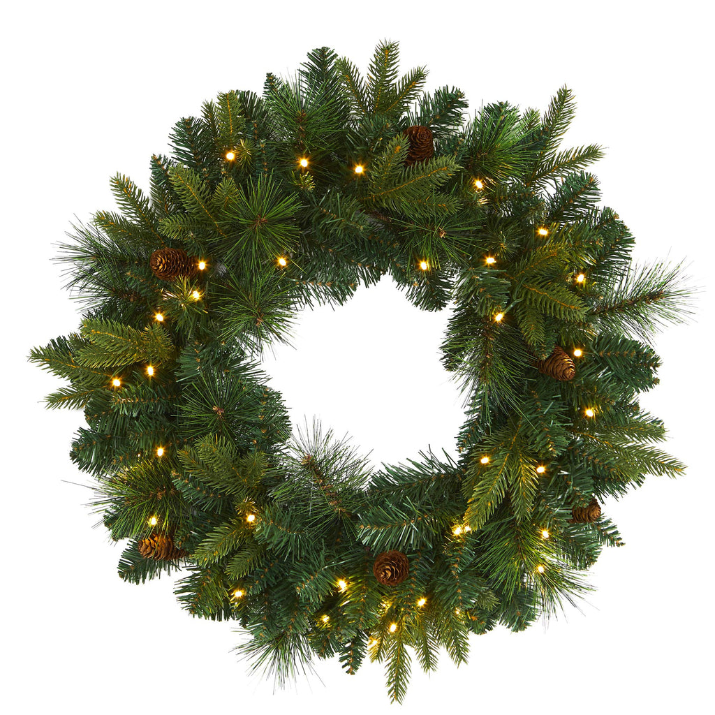 Nearly Natural 24in. Mixed Pine Artificial Christmas Wreath with 35 Clear LED