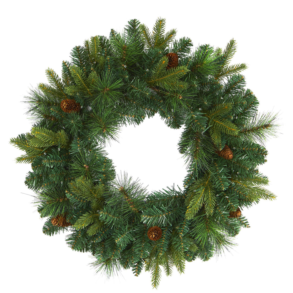 Nearly Natural 24in. Mixed Pine Artificial Christmas Wreath with 35 Clear LED