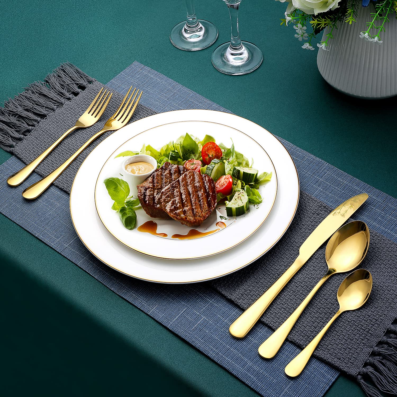 Gold Silverware Set for 8, OGORI 45-Piece Stainless Steel Flatware Set with
