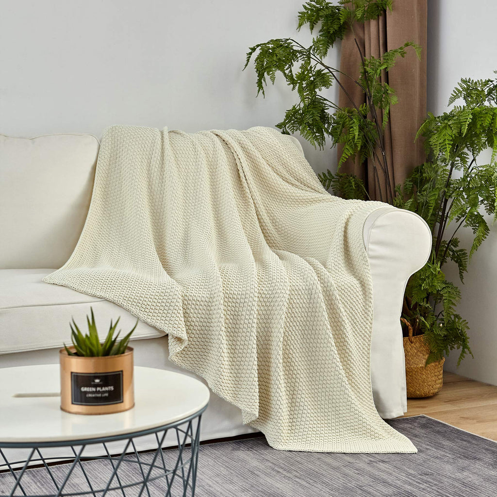 Longhui bedding 100% Cotton Knitted Throw Blanket – Cream, Soft & Cozy, Machine