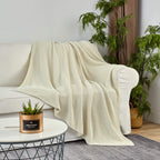 Longhui bedding 100% Cotton Knitted Throw Blanket – Cream, Soft & Cozy, Machine