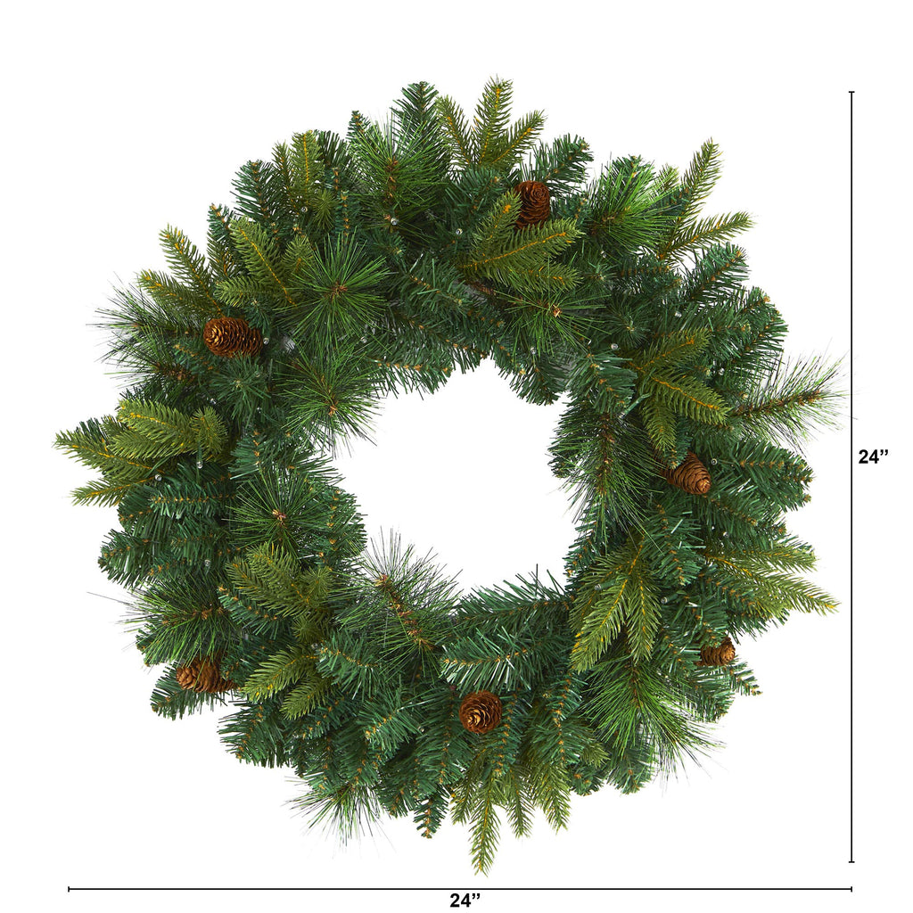 Nearly Natural 24in. Mixed Pine Artificial Christmas Wreath with 35 Clear LED