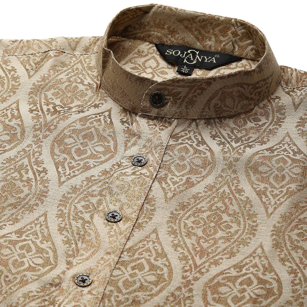 Sojanya (Since 1958 Men'S Jacquard Silk Beige & Gold Kurta, Size 44