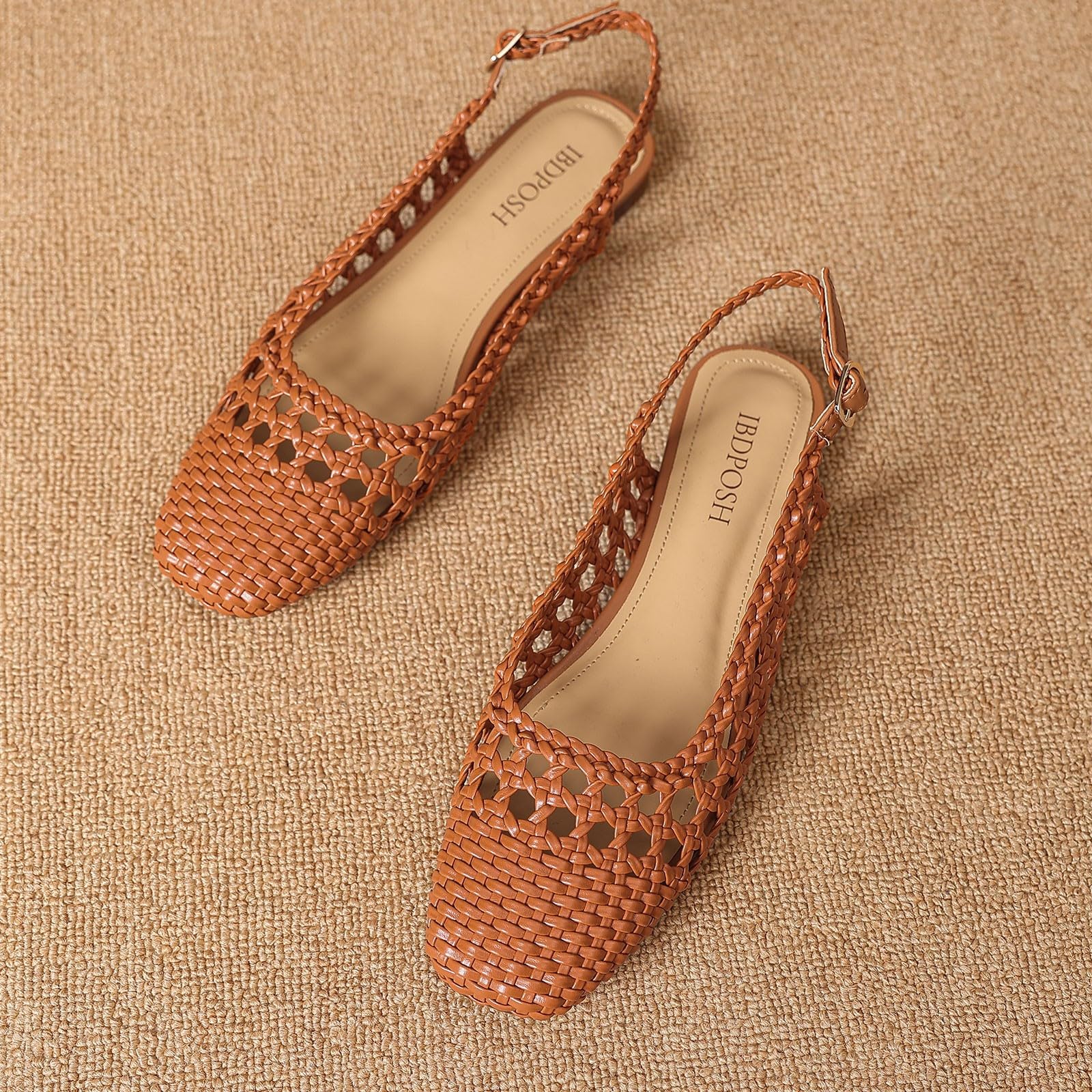 IBDPOSH Silver Woven Slingback Flats for Women Square Toe Braided Sandals Comfortable Dressy Summer Shoes for Office and Travel Size 8.5