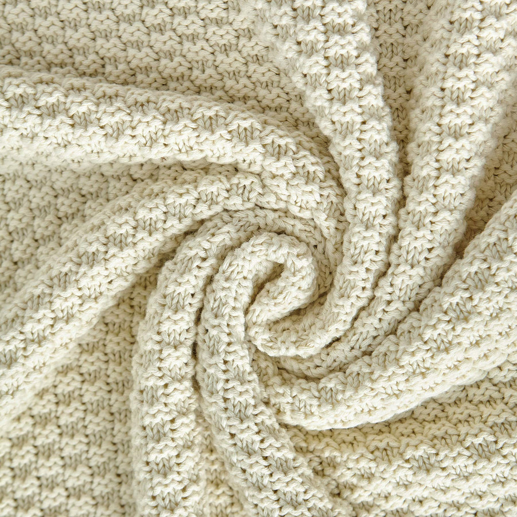 Longhui bedding 100% Cotton Knitted Throw Blanket – Cream, Soft & Cozy, Machine