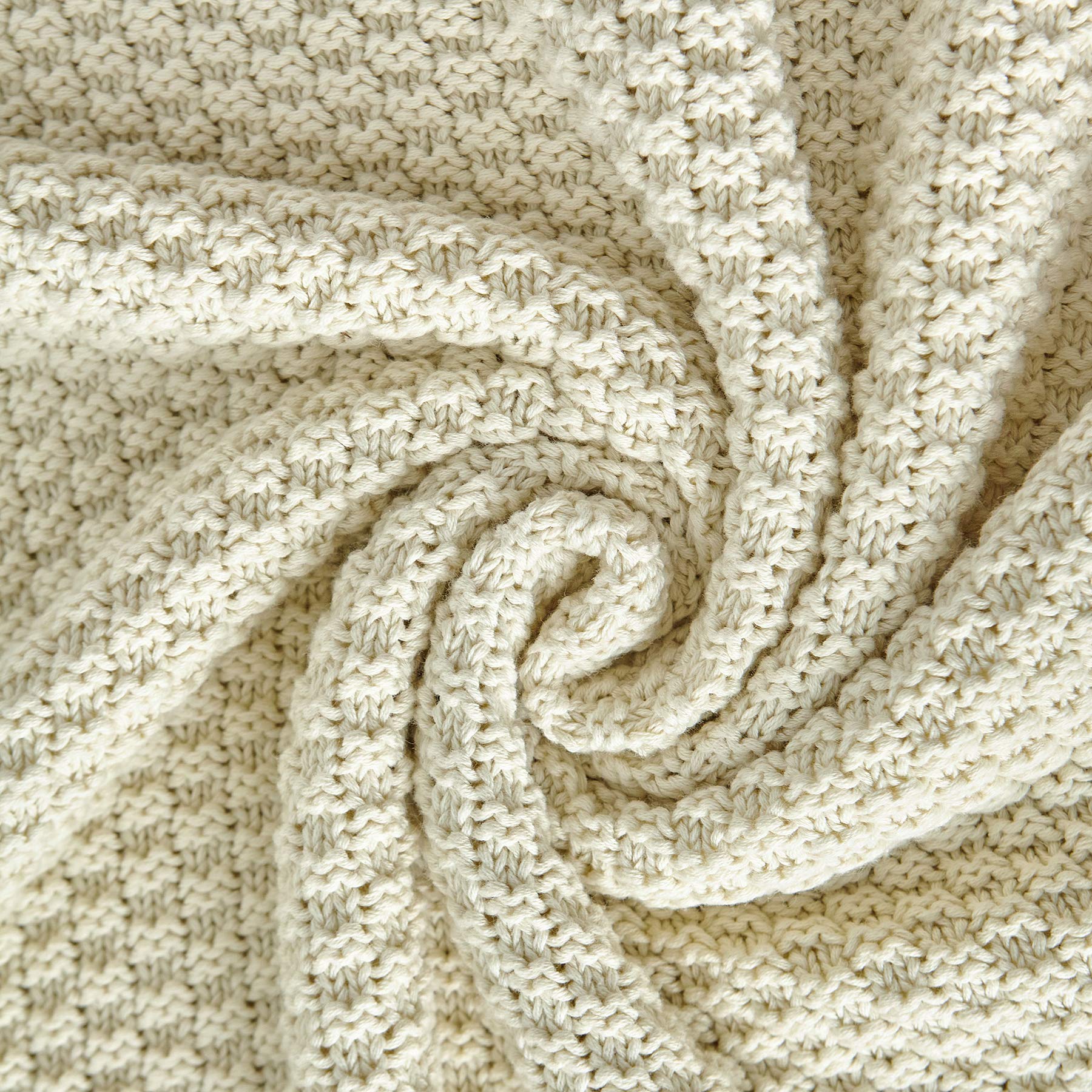 Longhui bedding 100% Cotton Knitted Throw Blanket – Cream, Soft & Cozy, Machine