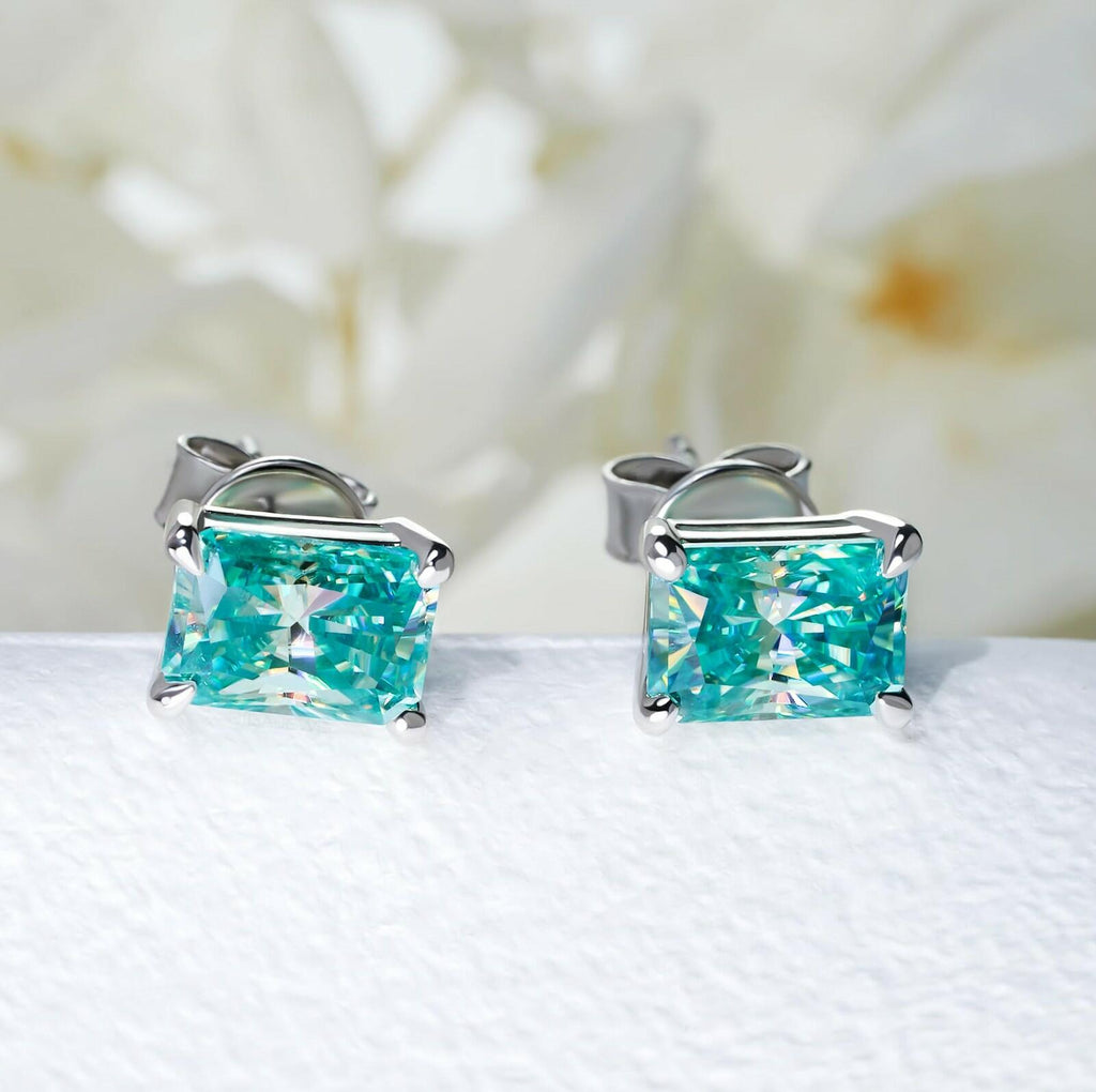 GIGAJEWE Blue Green Color Moissanite Stud Earrings Radiant Cut Moissanite