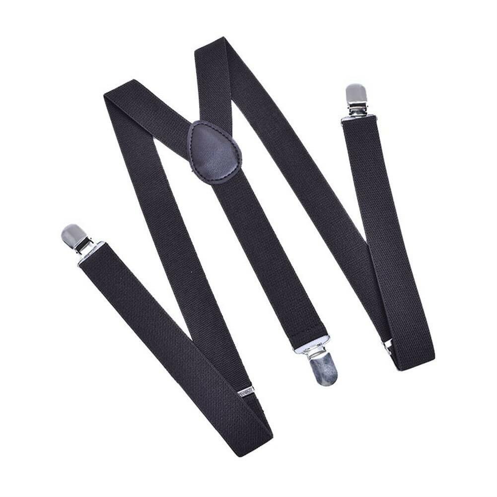 HOOENG Men's Y-Back Suspenders Adjustable 3 Metal Clips 1" Black