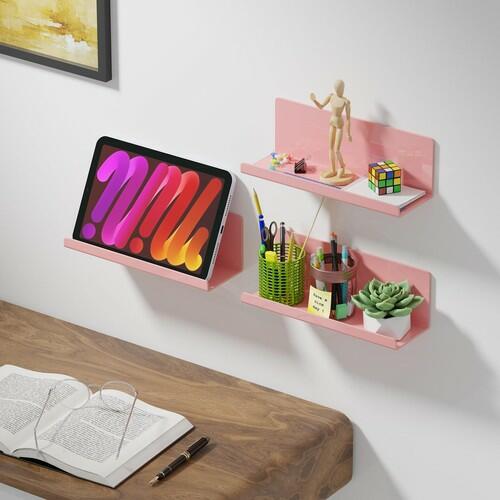 4 Pack PAVSTINE Adhesive Floating Shelves for Wall No Drilling, 12 Inch Acrylic Self Adhesive Shelves, Stick on Shelves, Dorm Wall Shelf, for Bathroom, Kitchen, Bedroom, Office, Gaming Room, Pink