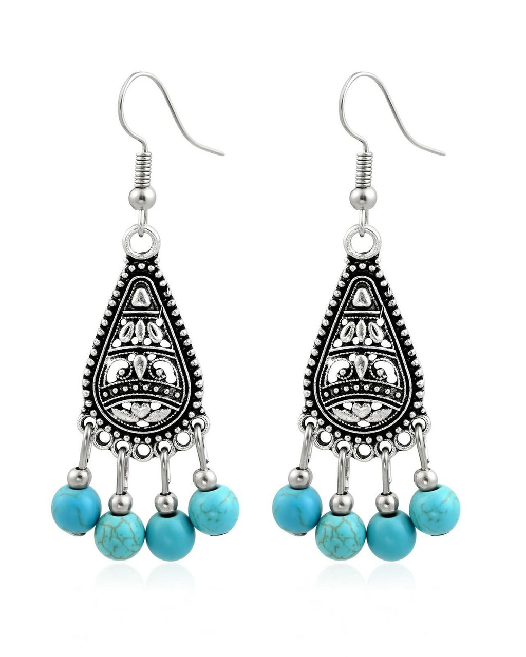 Watforsh Boho Silver Turquoise Filigree Western Country Earrings Teardrop Drop
