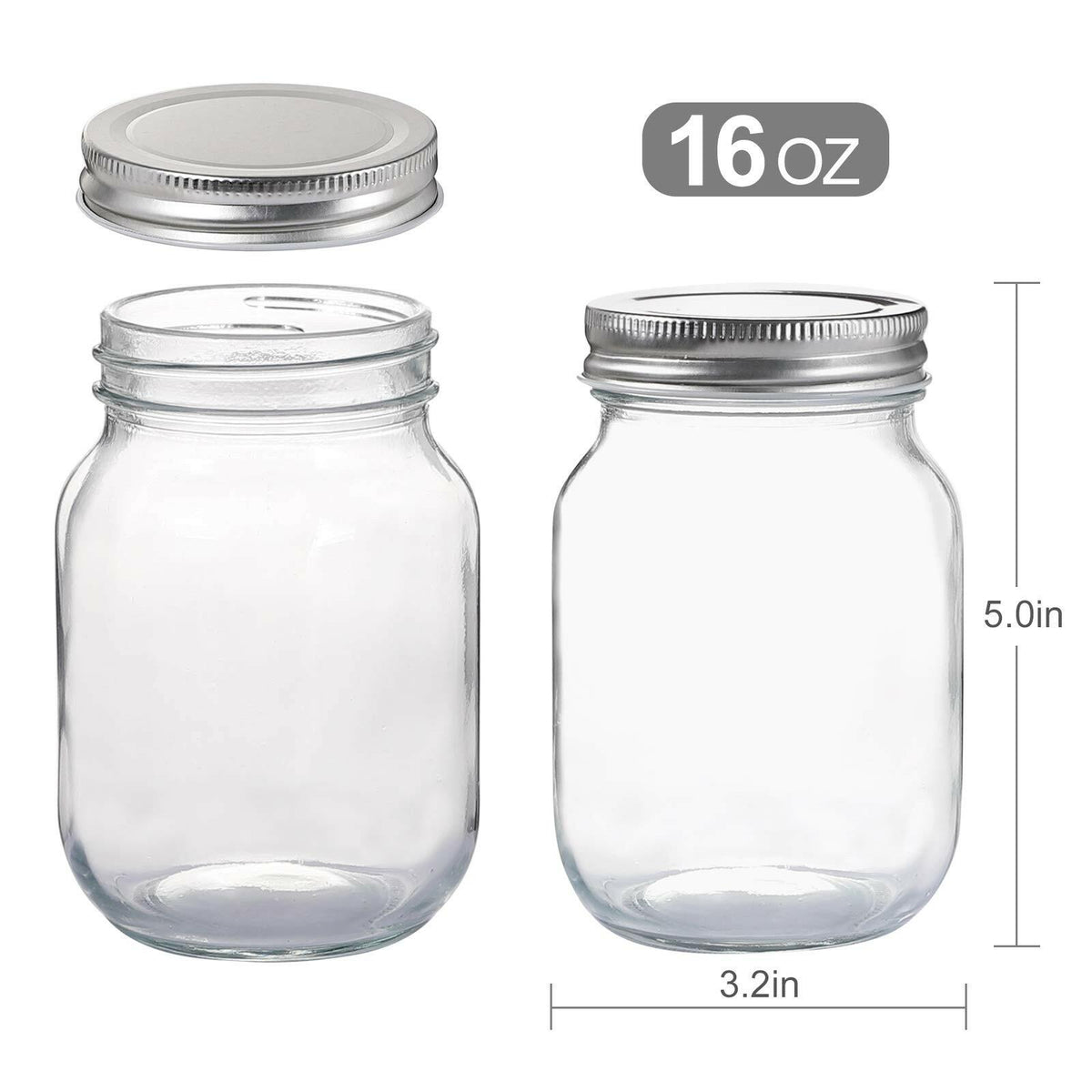 4 Pack YINGERHUAN Glass Regular Mouth Mason Jars, 16 oz Clear Glass Jars with