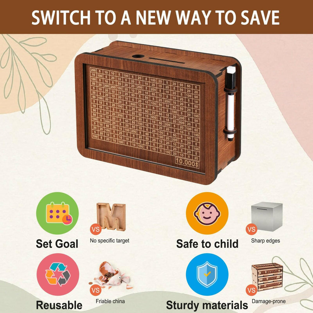 Wooden Money Saving Box for Kids & Adults - Reusable $10,000 Savings Challenge