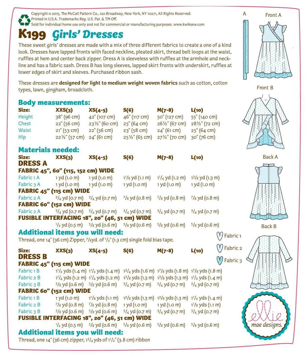 KWIK-SEW PATTERNS K0199 Girls' Dresses & Sash, in One Envelope (XXS - L)