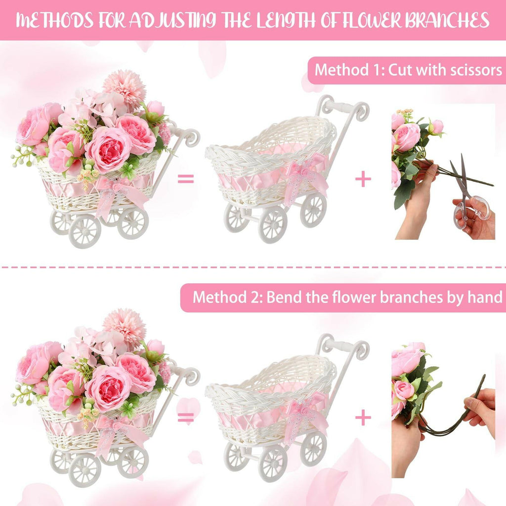 Fiwochic 3 Pack Rattan Baby Carriage Floral Arrangement with Bouquet Baby Shower