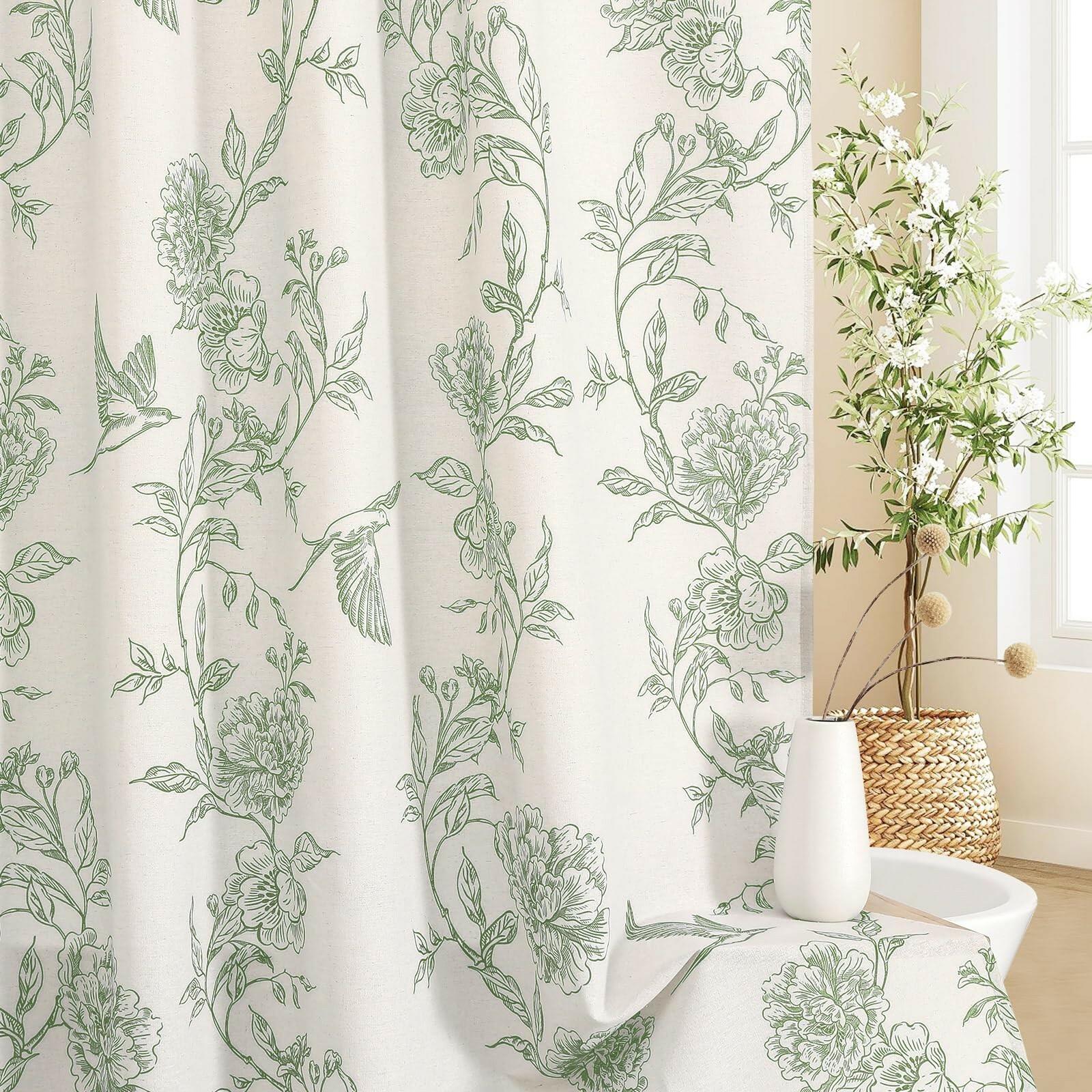 MitoVilla Sage Green Farmhouse Shower Curtain Set, 72" W x 72" L Cotton Floral