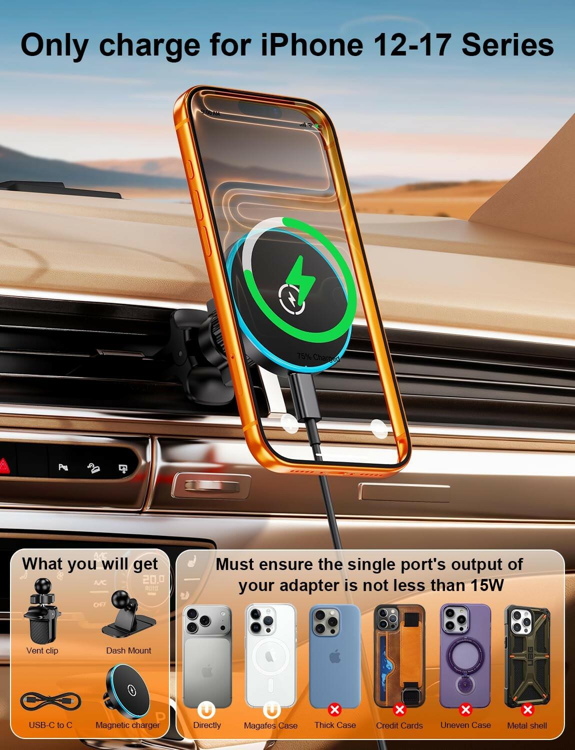 for Magsafe Car Mount Charger, [100% Stable] 15W 2 in1 Magnetic Wireless Car