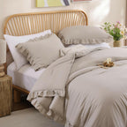 JANZAA Queen Comforter Set Oatmeal Comforter for Queen Size Bed 3PCS (1 Ruffle