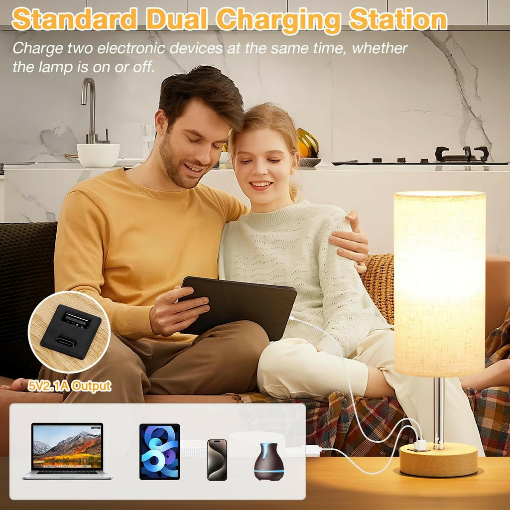 Dicoool Touch Bedside Table Lamp with USB - 3 Way Dimmable Wood Lamp for Bedroom