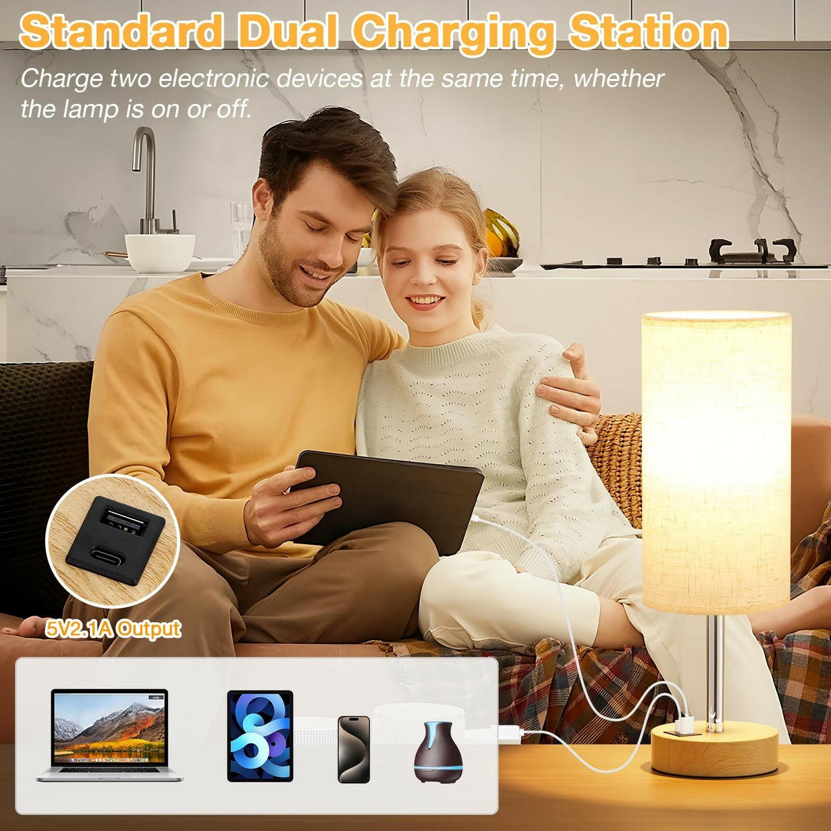 Dicoool Touch Bedside Table Lamp with USB - 3 Way Dimmable Wood Lamp for Bedroom