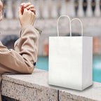 Oikss 100 Pack 5.25x3.25x8.25 Inch Small White Kraft Paper Bags with Handles