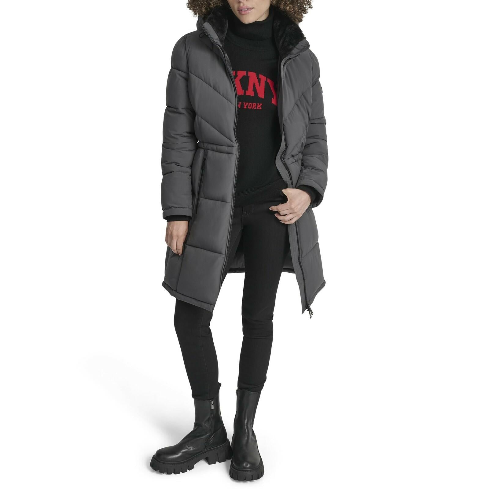 DKNY Women's Medium Walker-Length Puffer Coat with Hood and Adjustable Internal