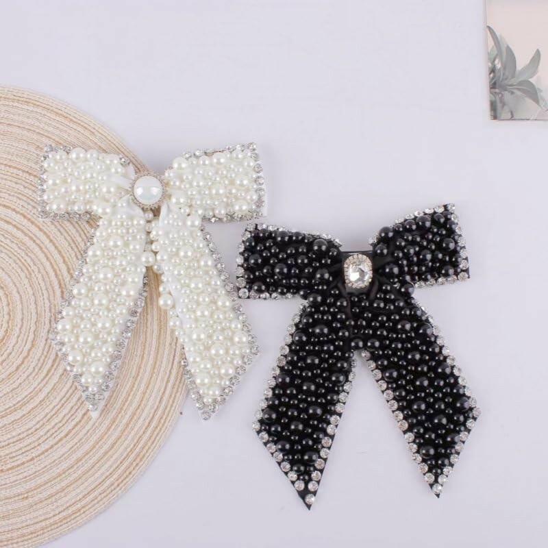 Large Pearl Rhinestone Hair Bow Clips- Full Sparkling Pearls with Crystal Stone