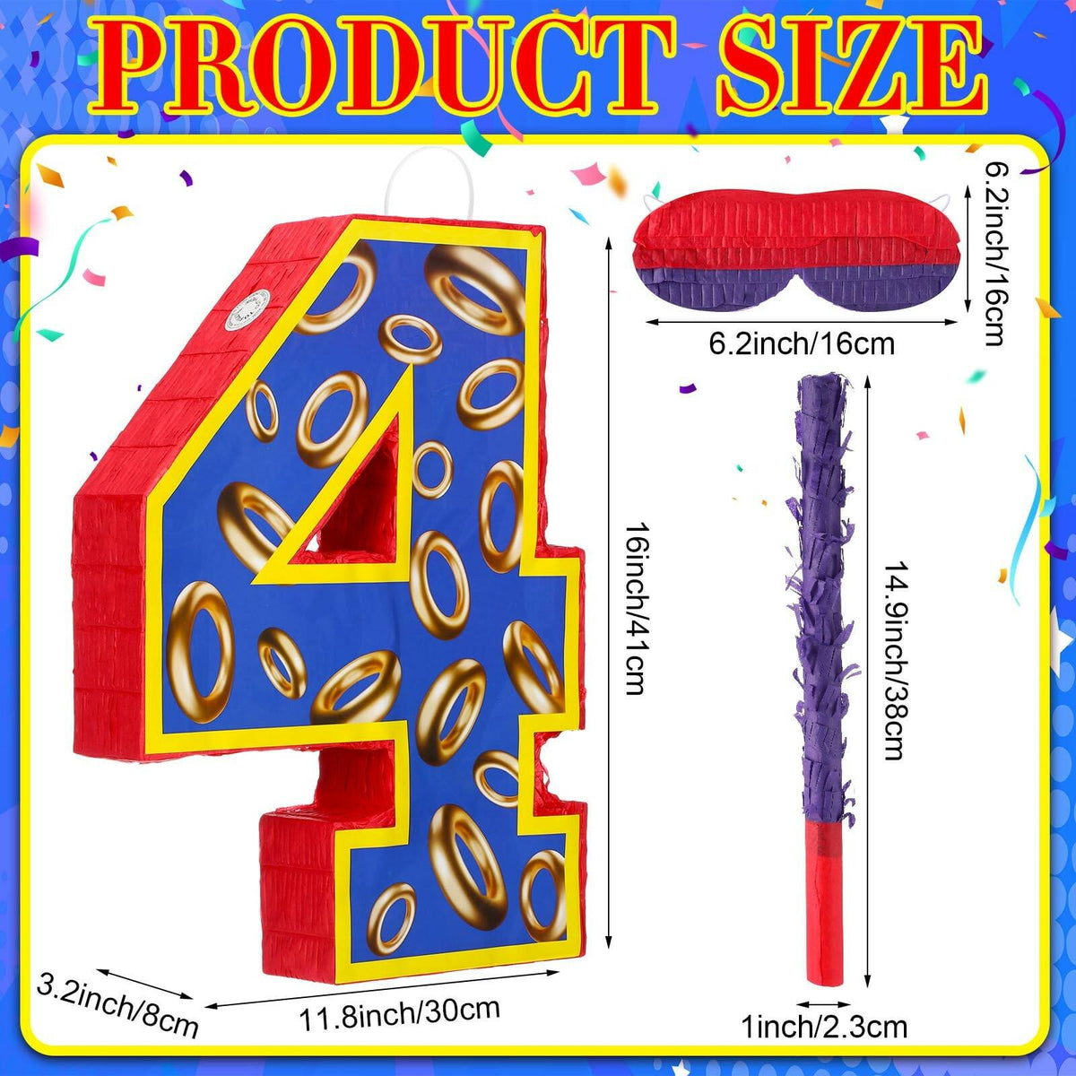 16 Inch Number 4 Blue and Golden Rings Pinata for Birthday Party Decorations,