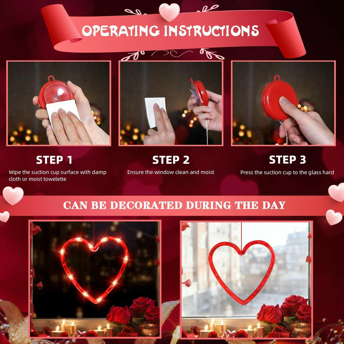 LOLStar Valentines Day Window Lights Decor with Timer, 3 Pack Battery Operated