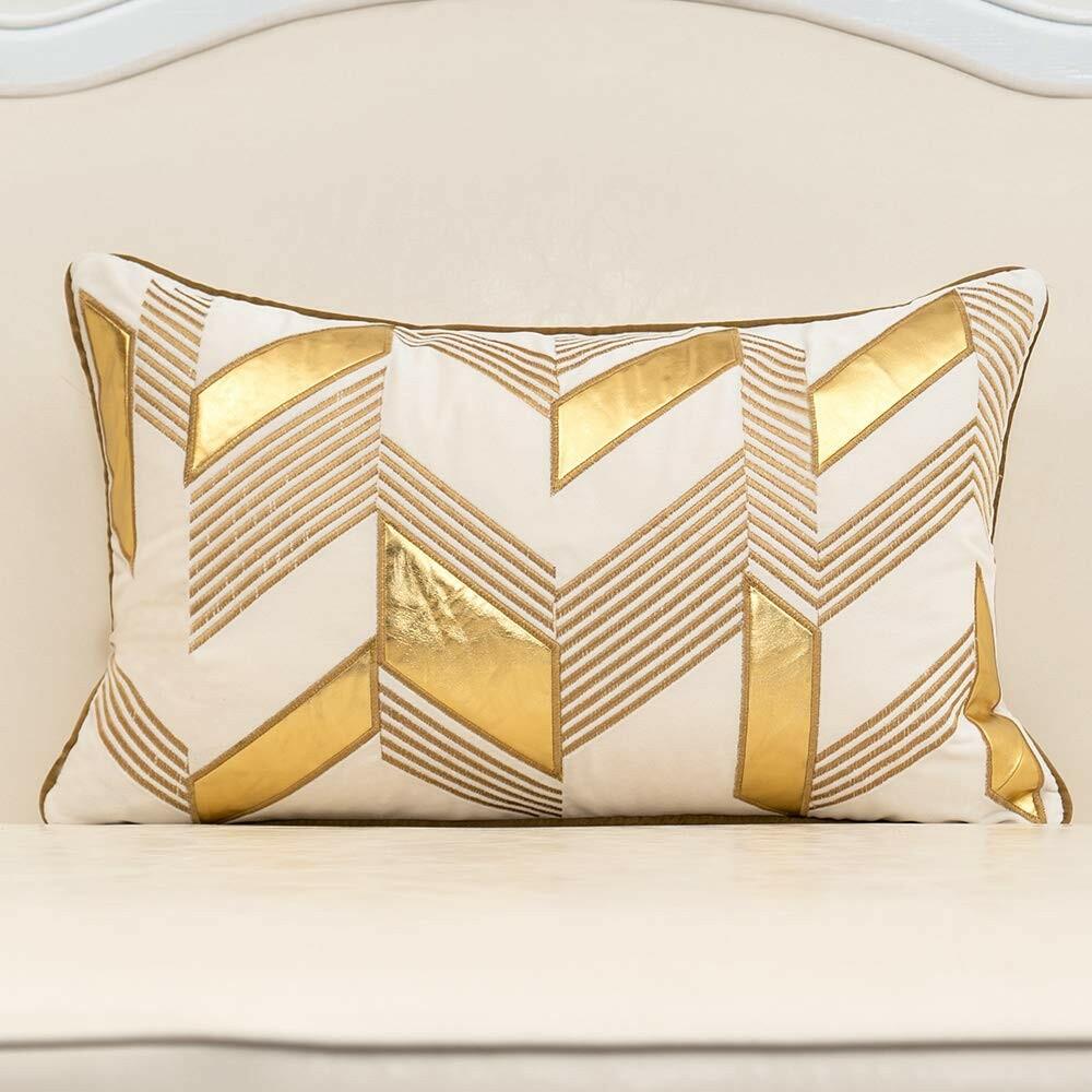 Alerfa 12 x 20 Inches White Geometric Gold Leather Striped Cushion Cases