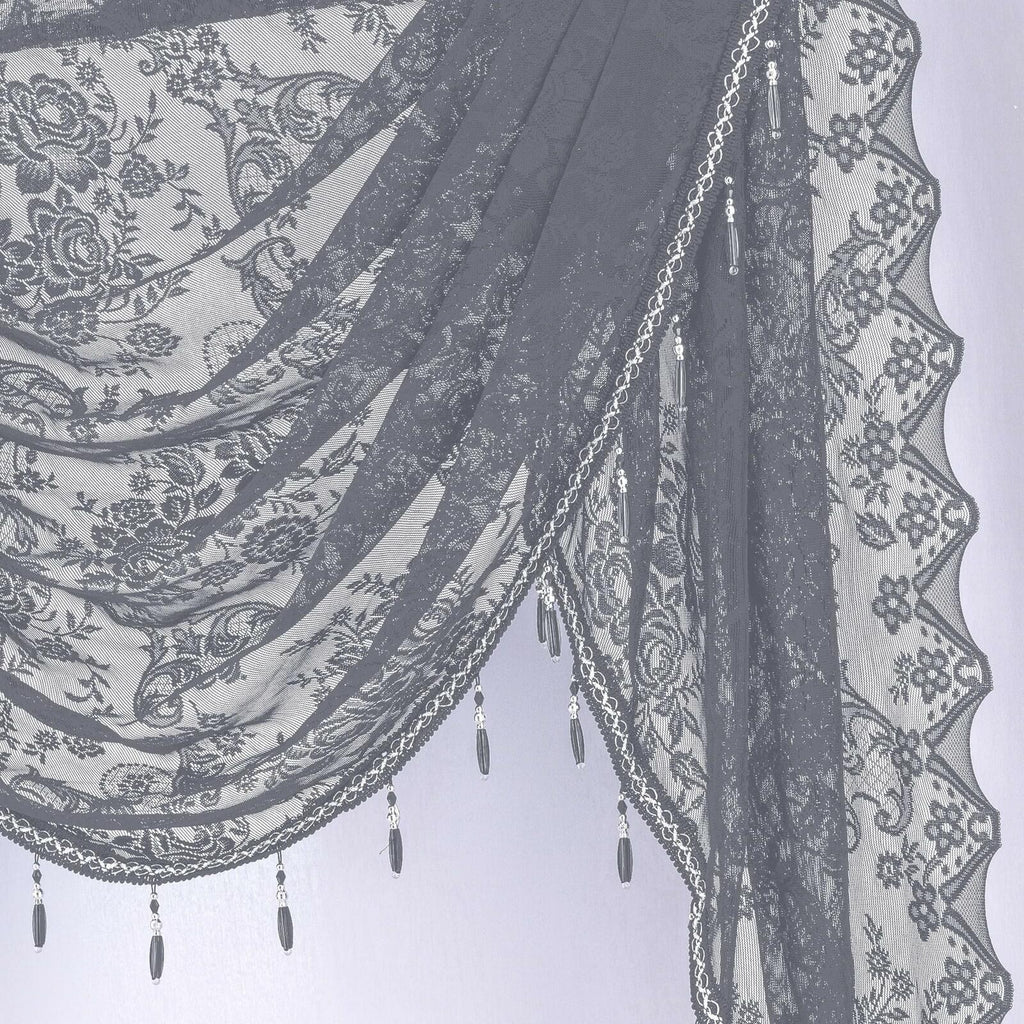 Huierxun Grey,59"x41" Elegant Lace Waterfall Window Valance with Bead Tassels
