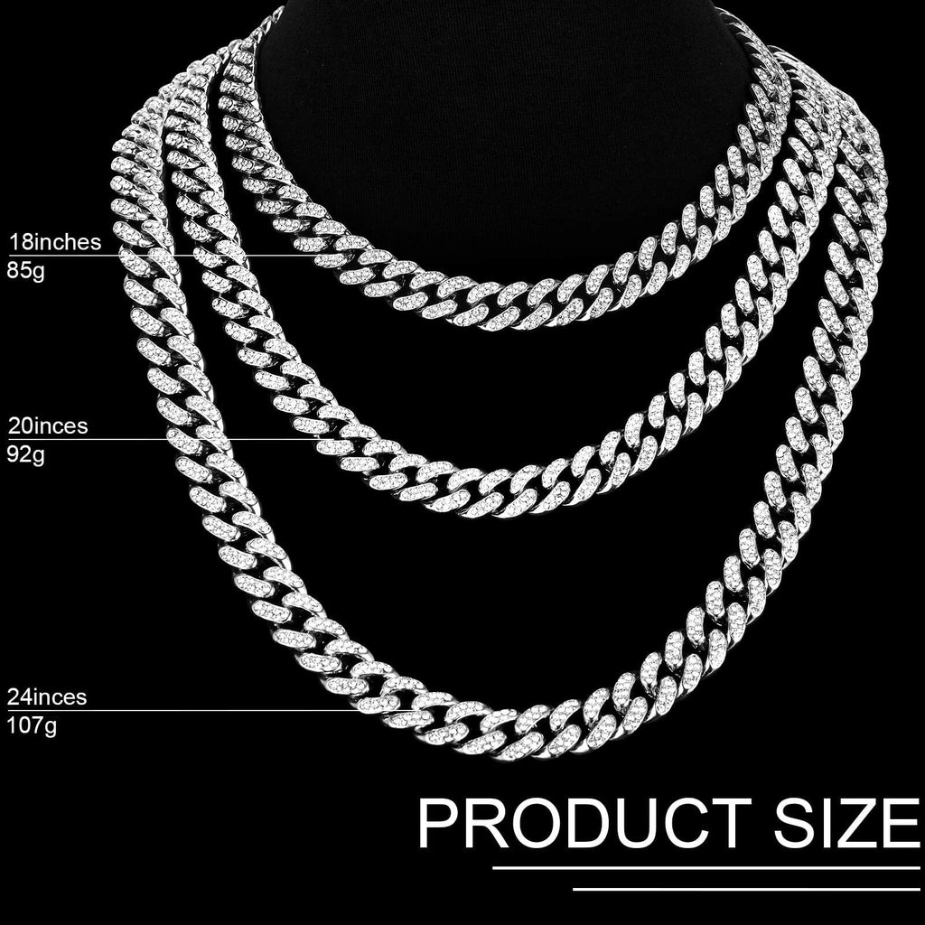 Batiyeer 3 Pcs Cuban Link Chain Necklace Bracelet Rhinestone Hoop Earrings Bling