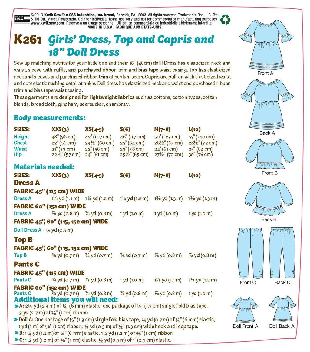 KWIK-SEW PATTERNS Kwik Girl's Shirt and Pants and 18" Doll Dress Sewing Patterns